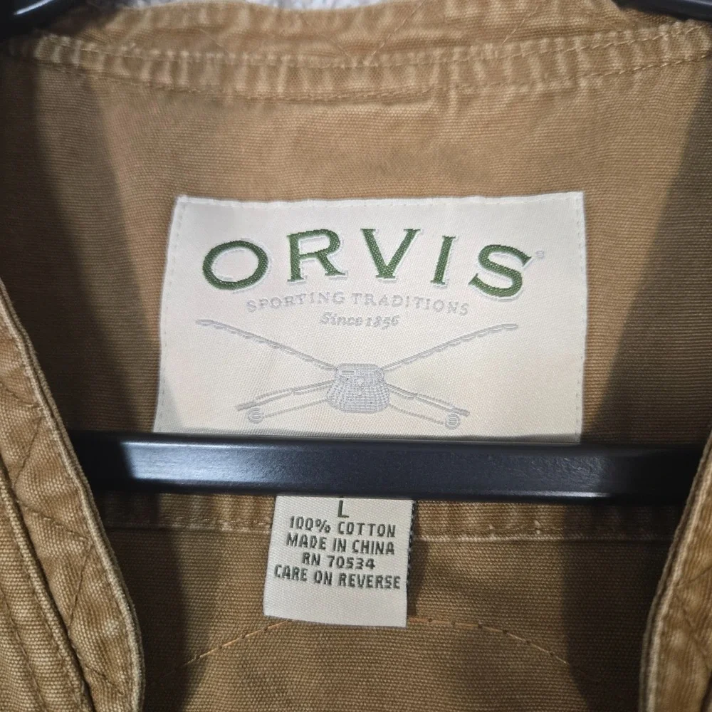 ORVIS canvas zip up vest mens Large North American Hunting deerskin patches